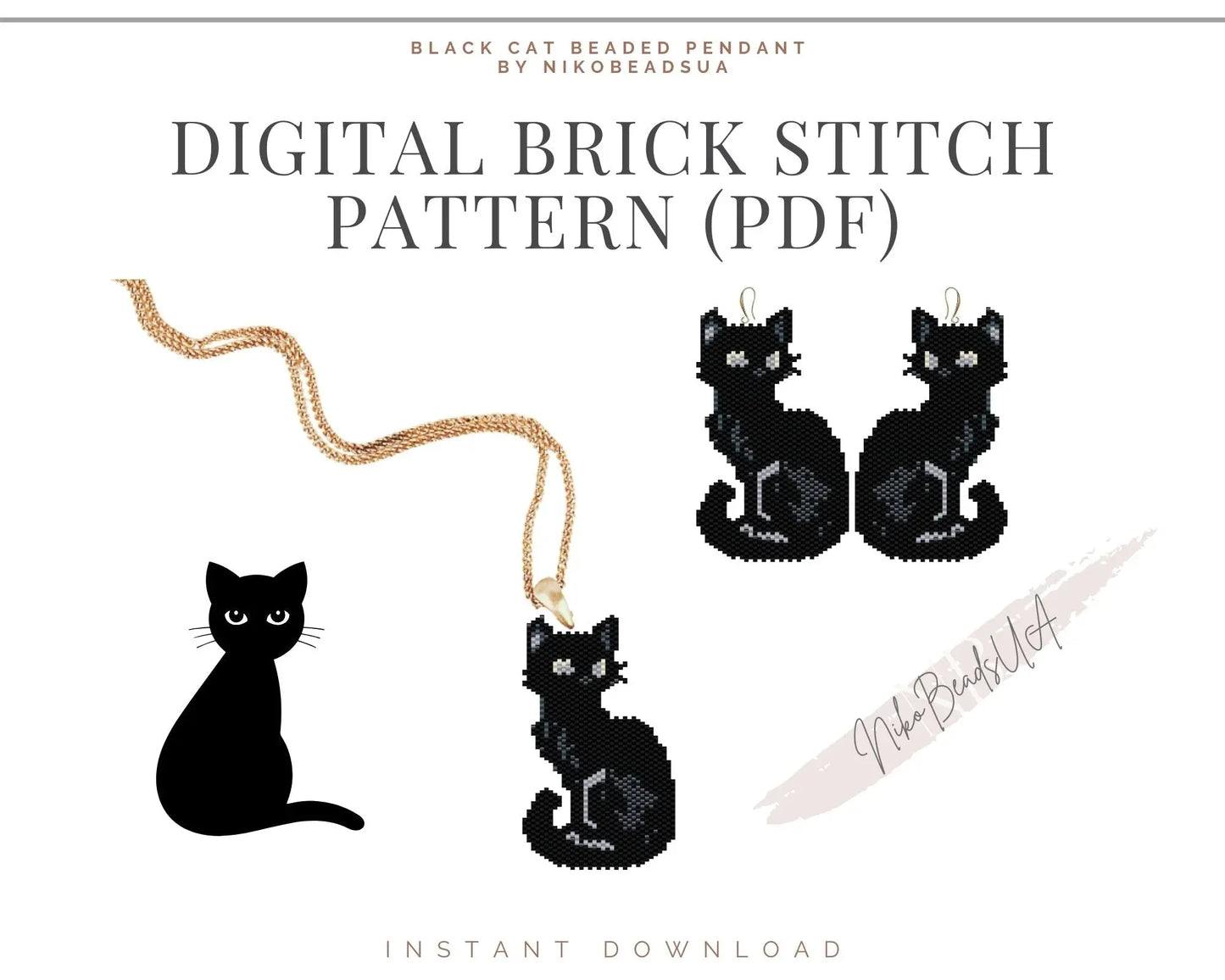 Black Cat Brick Stitch pattern for beaded pendant and earrings NikoBeadsUA