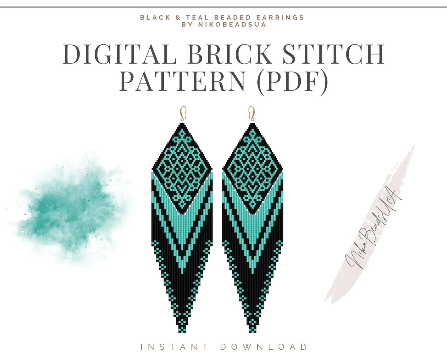 Black & Teal Brick Stitch pattern for fringe beaded earrings with diamond top NikoBeadsUA