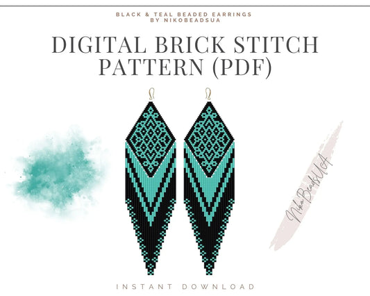 Black & Teal Brick Stitch pattern for fringe beaded earrings with diamond top NikoBeadsUA