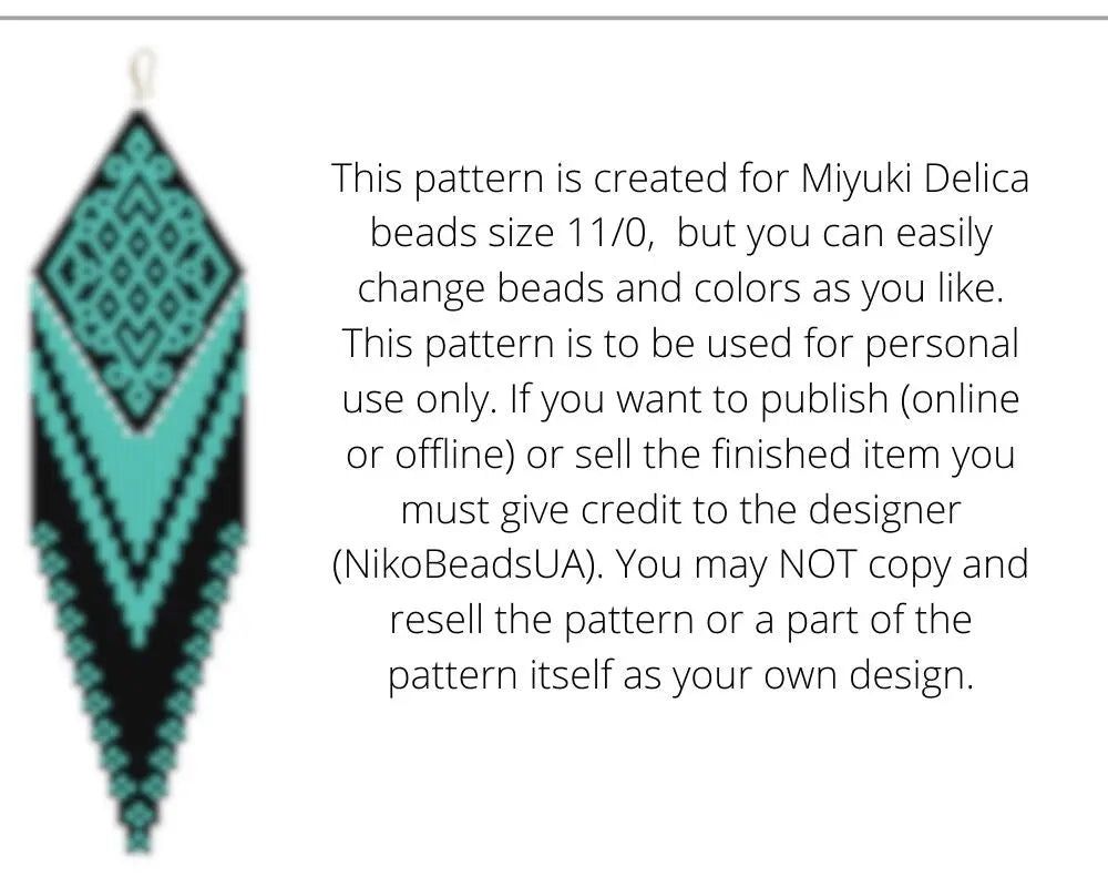 Black & Teal Brick Stitch pattern for fringe beaded earrings with diamond top NikoBeadsUA