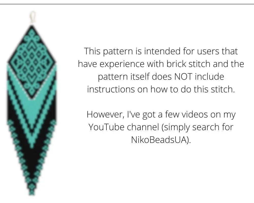 Black & Teal Brick Stitch pattern for fringe beaded earrings with diamond top NikoBeadsUA