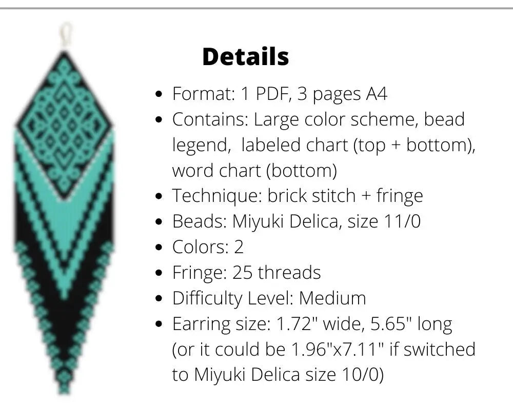 Black & Teal Brick Stitch pattern for fringe beaded earrings with diamond top NikoBeadsUA