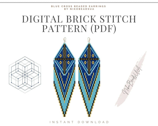 Blue Cross Brick Stitch pattern for fringe beaded earrings with diamond top - NikoBeadsUA