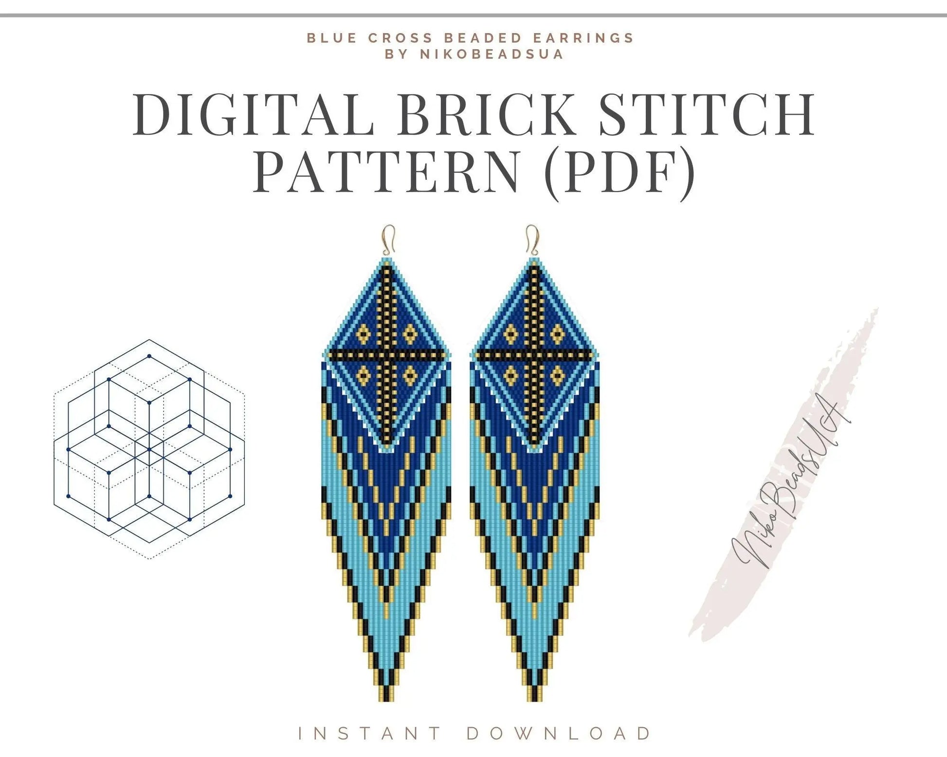 Blue Cross Brick Stitch pattern for fringe beaded earrings with diamond top - NikoBeadsUA