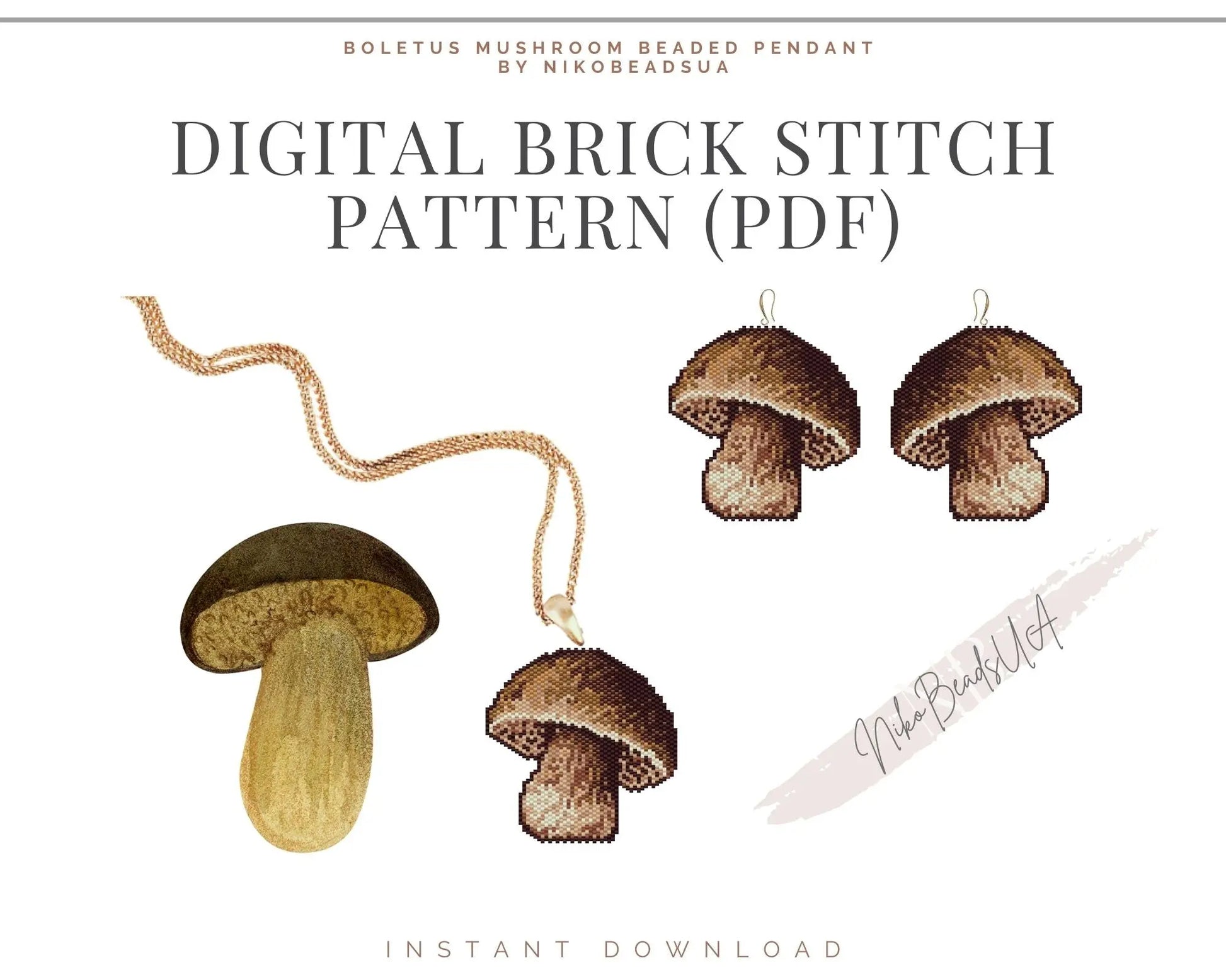 Boletus Mushroom Brick Stitch pattern for beaded pendant and earrings NikoBeadsUA