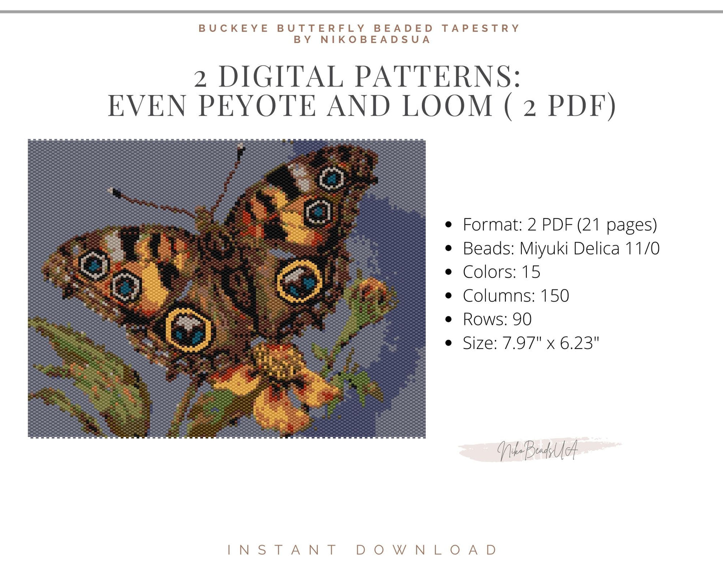 Buckeye Butterfly even peyote and loom patterns for beaded tapestry