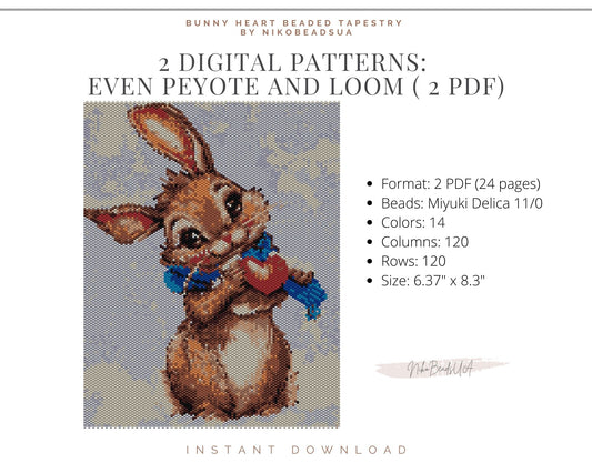 Bunny with Heart even peyote and loom patterns for beaded tapestry