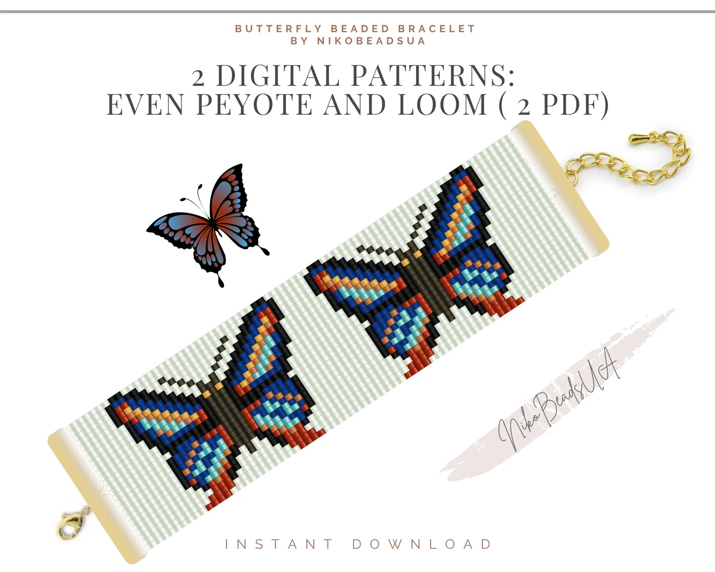 Butterfly even peyote and loom patterns for beaded bracelet NikoBeadsUA