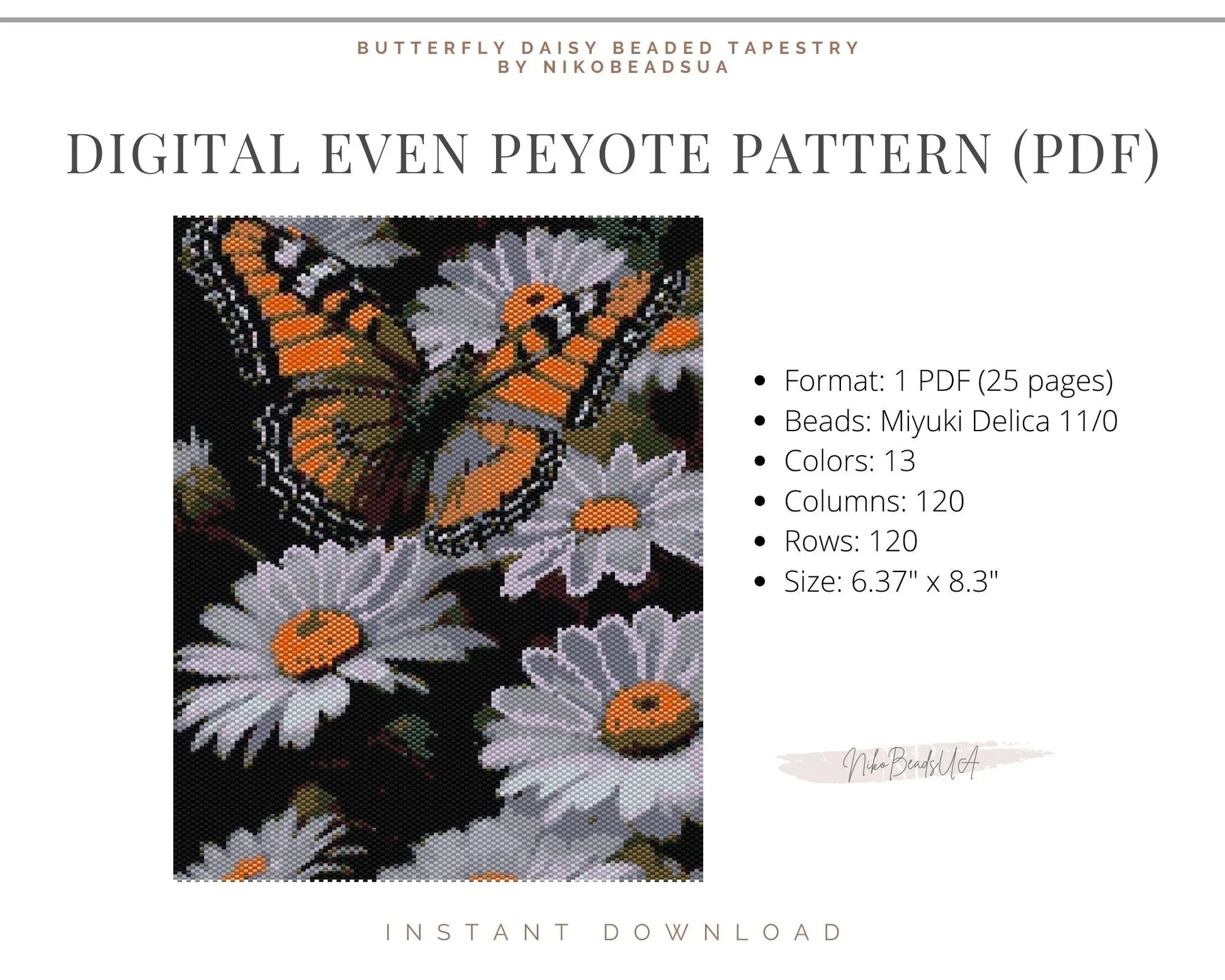 Butterfly on Daisies even peyote pattern for beaded tapestry NikoBeadsUA