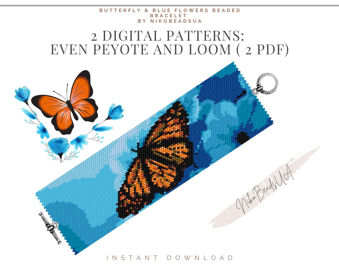 Butterfly in Blue Flowers even peyote and loom patterns for beaded bracelet or bookmark NikoBeadsUA