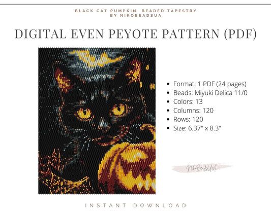 Cat & Pumpkin even peyote pattern for beaded tapestry NikoBeadsUA