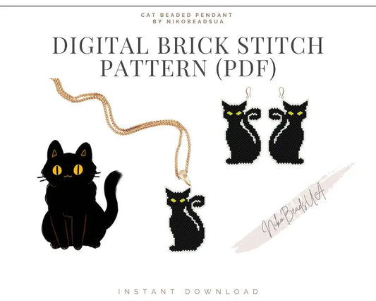 Black Cat Brick Stitch pattern for beaded pendant and earrings NikoBeadsUA