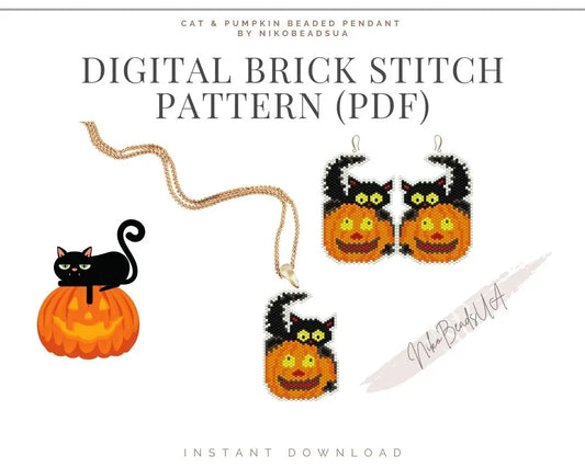 Cat & Pumpkin Brick Stitch pattern for beaded pendant and earrings NikoBeadsUA