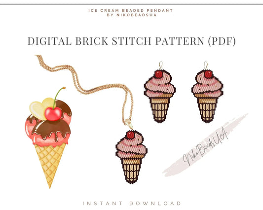 Cherry Ice Cream Brick Stitch pattern for beaded pendant and earrings NikoBeadsUA