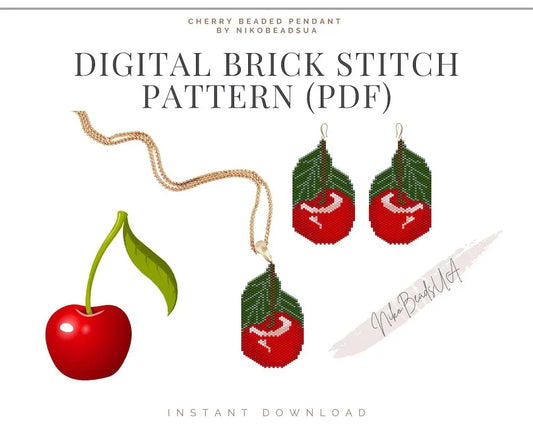 Cherry Brick Stitch pattern for beaded pendant and earrings NikoBeadsUA