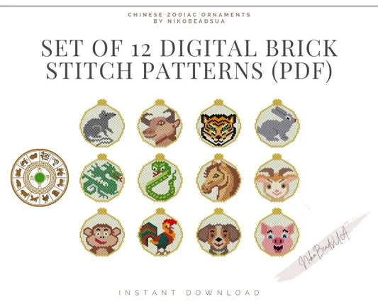 Set of 12 Chinese Zodiac Brick Stitch patterns for beaded ornaments NikoBeadsUA