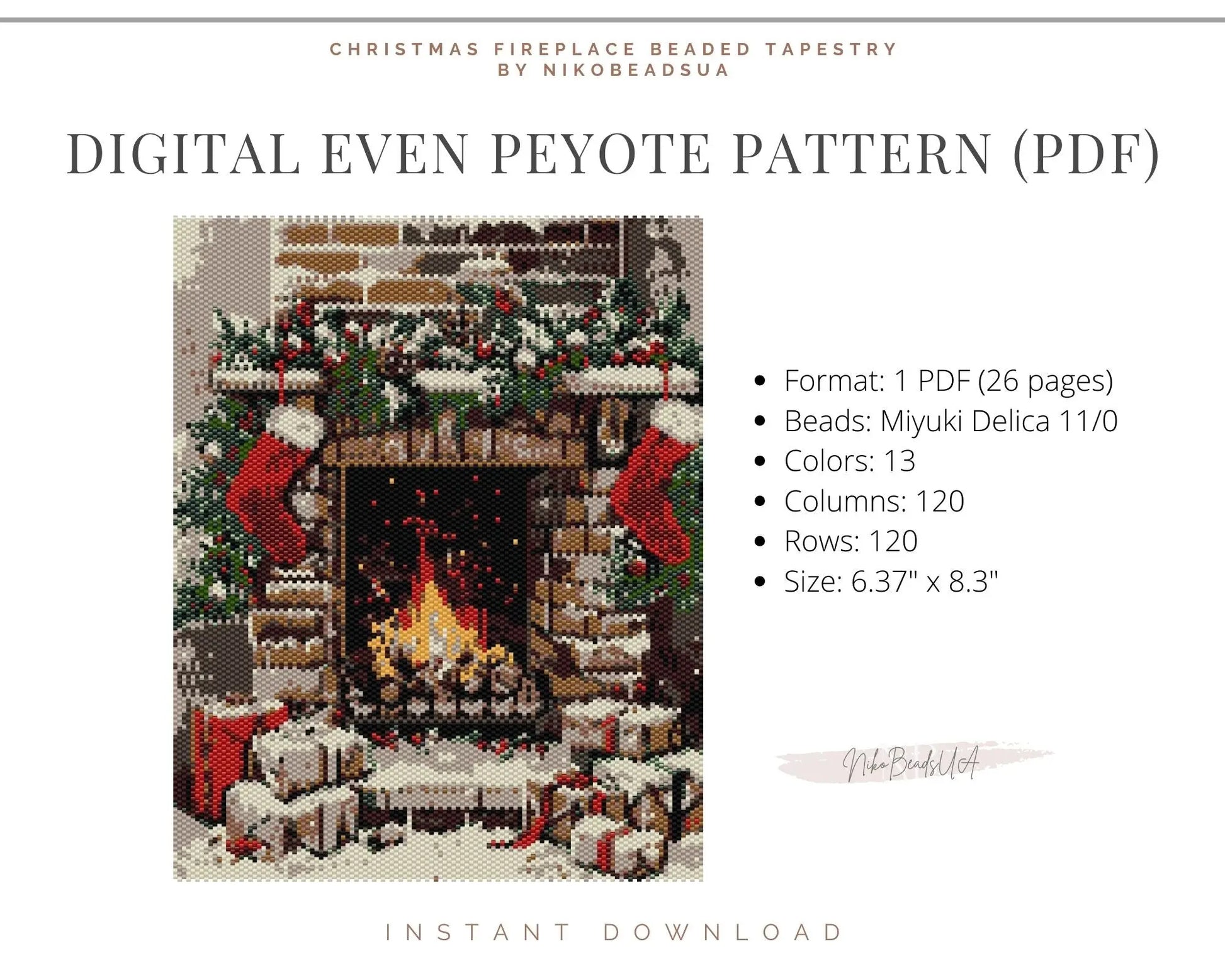 Christmas Fireplace even peyote pattern for beaded tapestry NikoBeadsUA