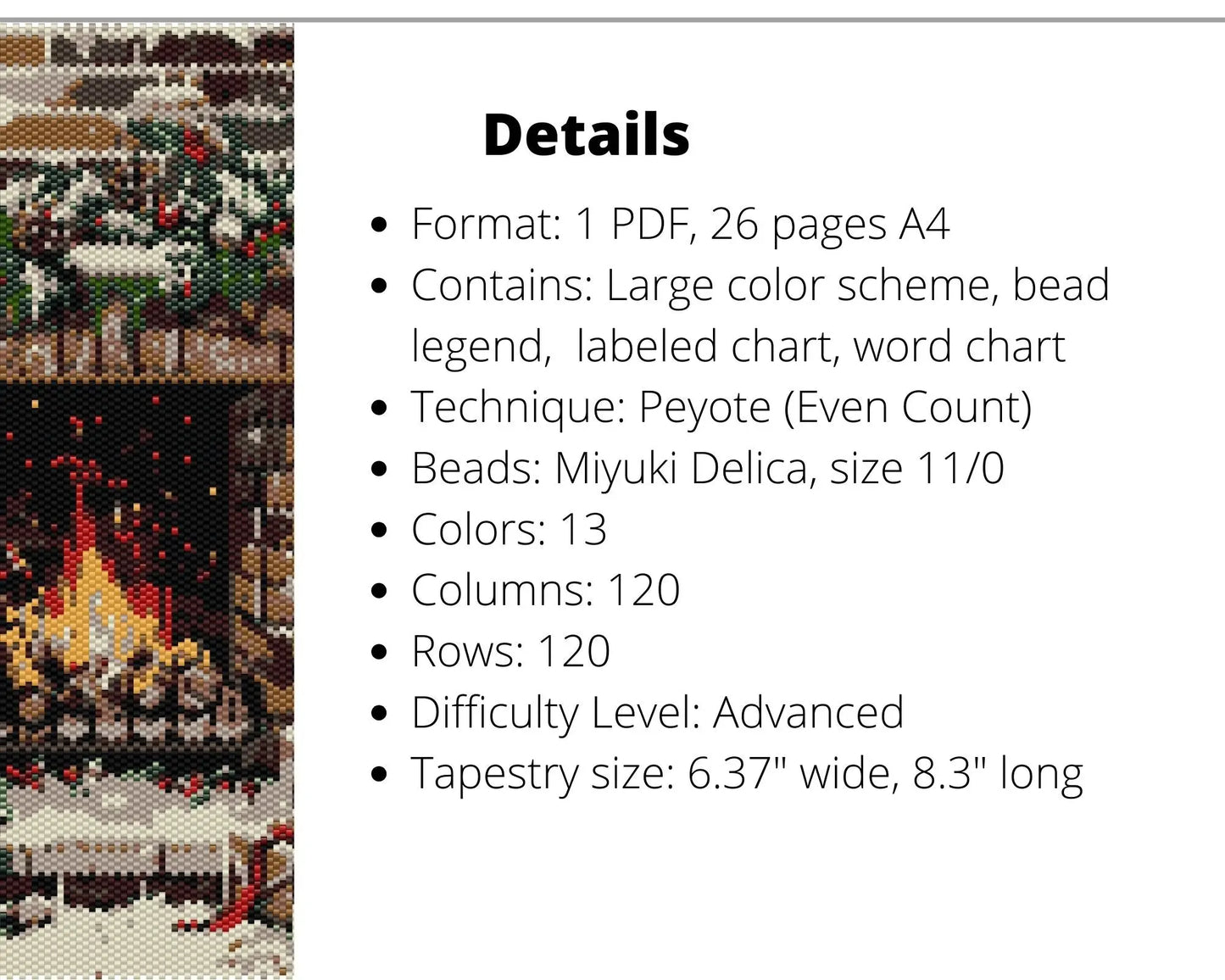 Christmas Fireplace even peyote pattern for beaded tapestry NikoBeadsUA