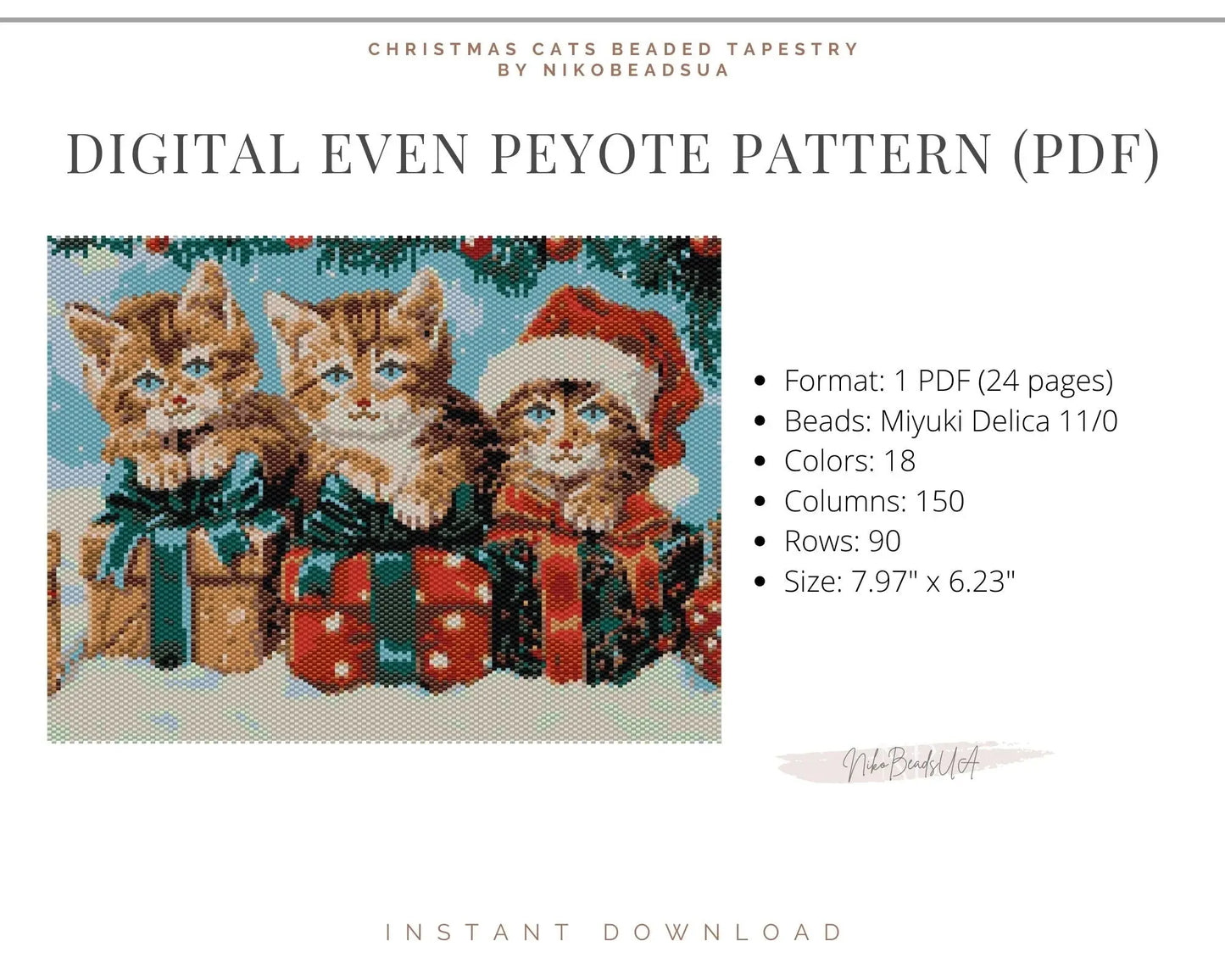 Christmas Kittens even peyote pattern for beaded tapestry NikoBeadsUA