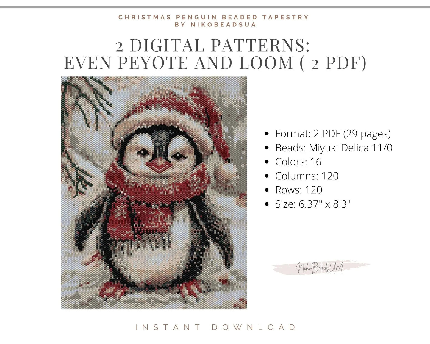 Christmas Penguin even peyote and loom patterns for beaded tapestry NikoBeadsUA