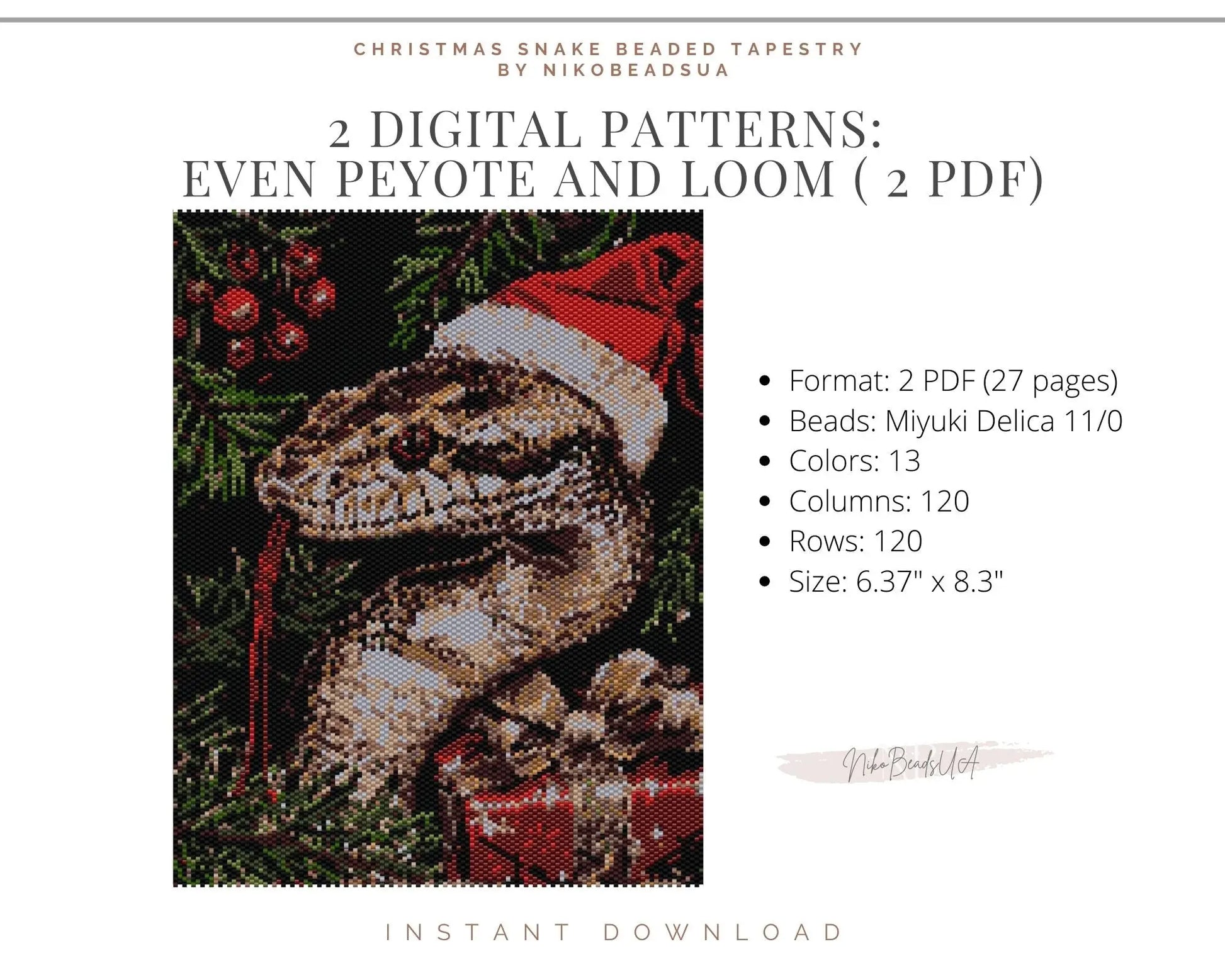 Christmas Snake even peyote and loom patterns for beaded tapestry NikoBeadsUA