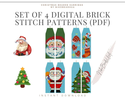 Christmas Brick Stitch Asymmetrical Fringe Earrings Patterns Bundle NikoBeadsUA