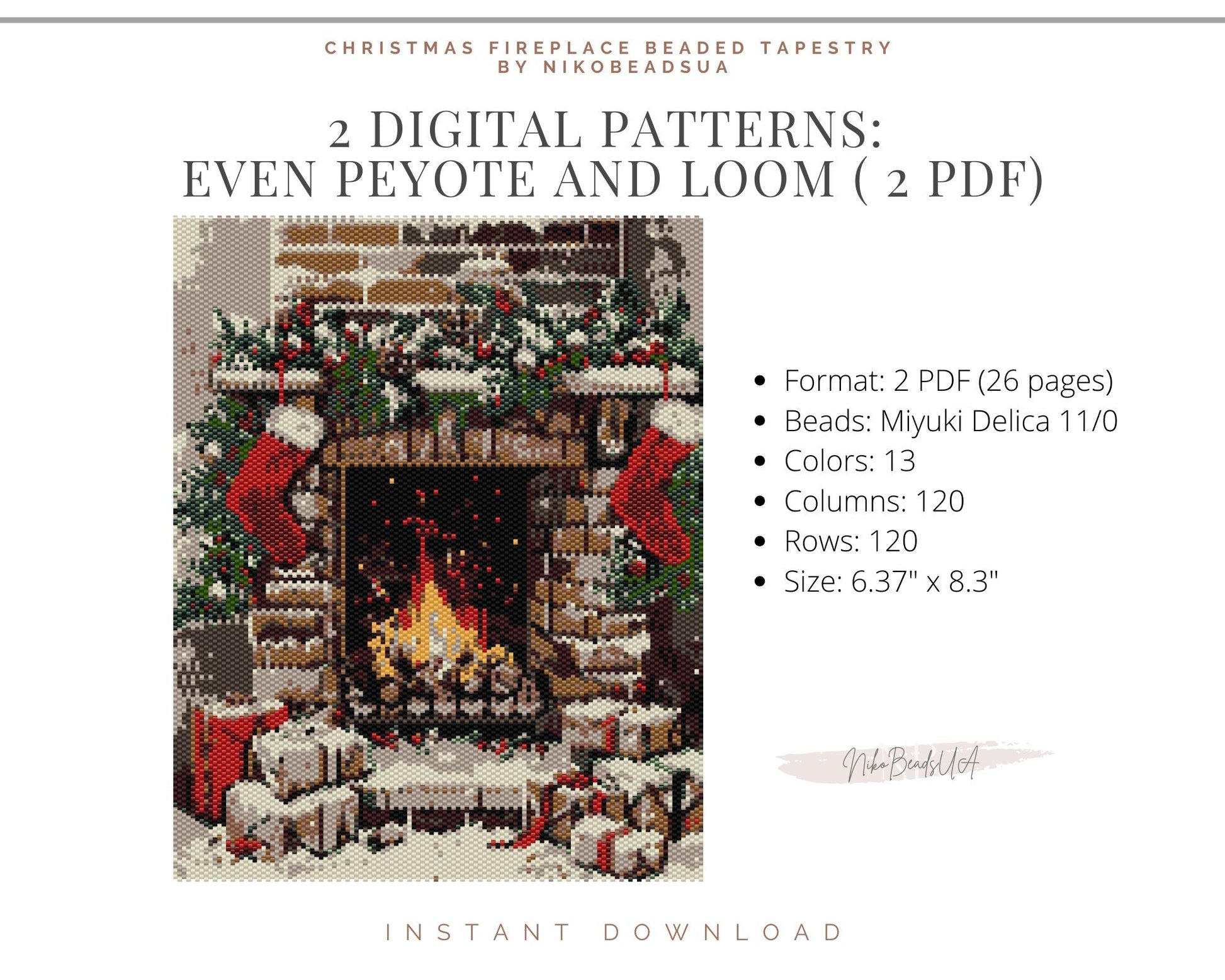 Christmas Fireplace even peyote and loom patterns for beaded tapestry NikoBeadsUA