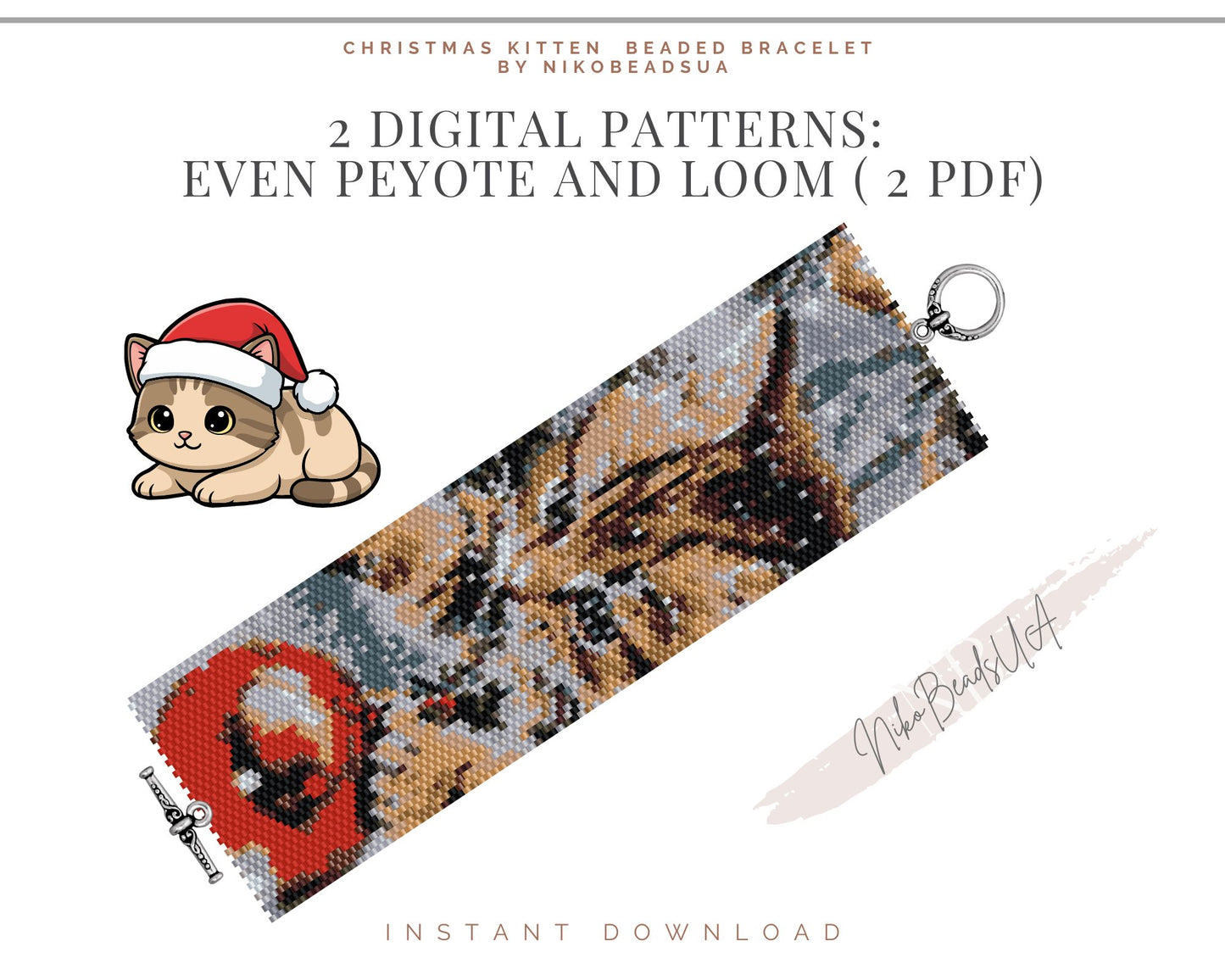 Christmas Kitten even peyote and loom patterns for beaded bracelet or bookmark NikoBeadsUA
