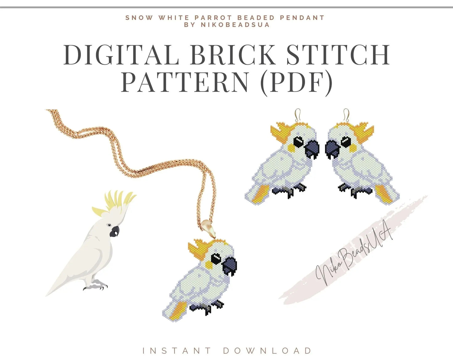 Cockatoo Parrot Brick Stitch pattern for beaded pendant and earrings NikoBeadsUA