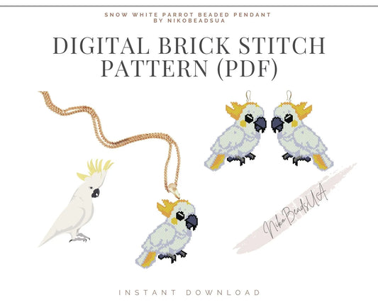 Cockatoo Parrot Brick Stitch pattern for beaded pendant and earrings NikoBeadsUA