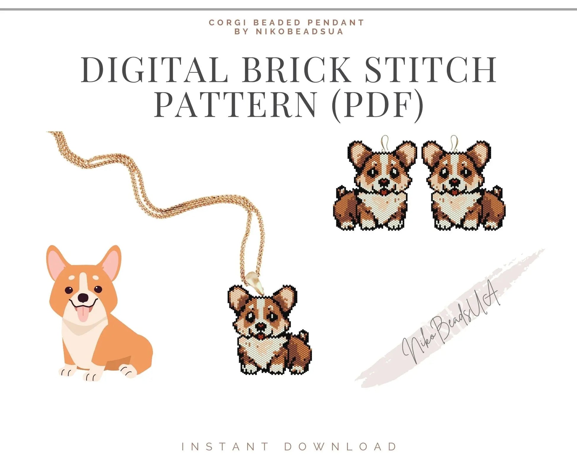 Corgi Brick Stitch pattern for beaded pendant and earrings NikoBeadsUA