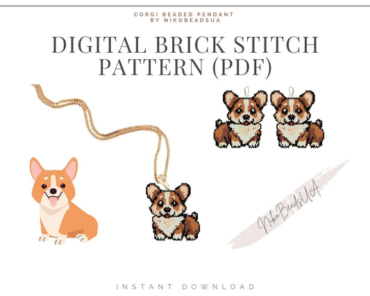 Corgi Brick Stitch pattern for beaded pendant and earrings NikoBeadsUA