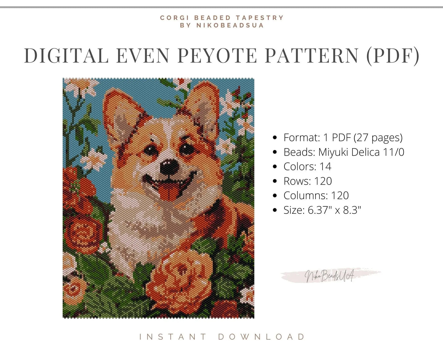 Corgi in Flowers even peyote pattern for beaded tapestry NikoBeadsUA