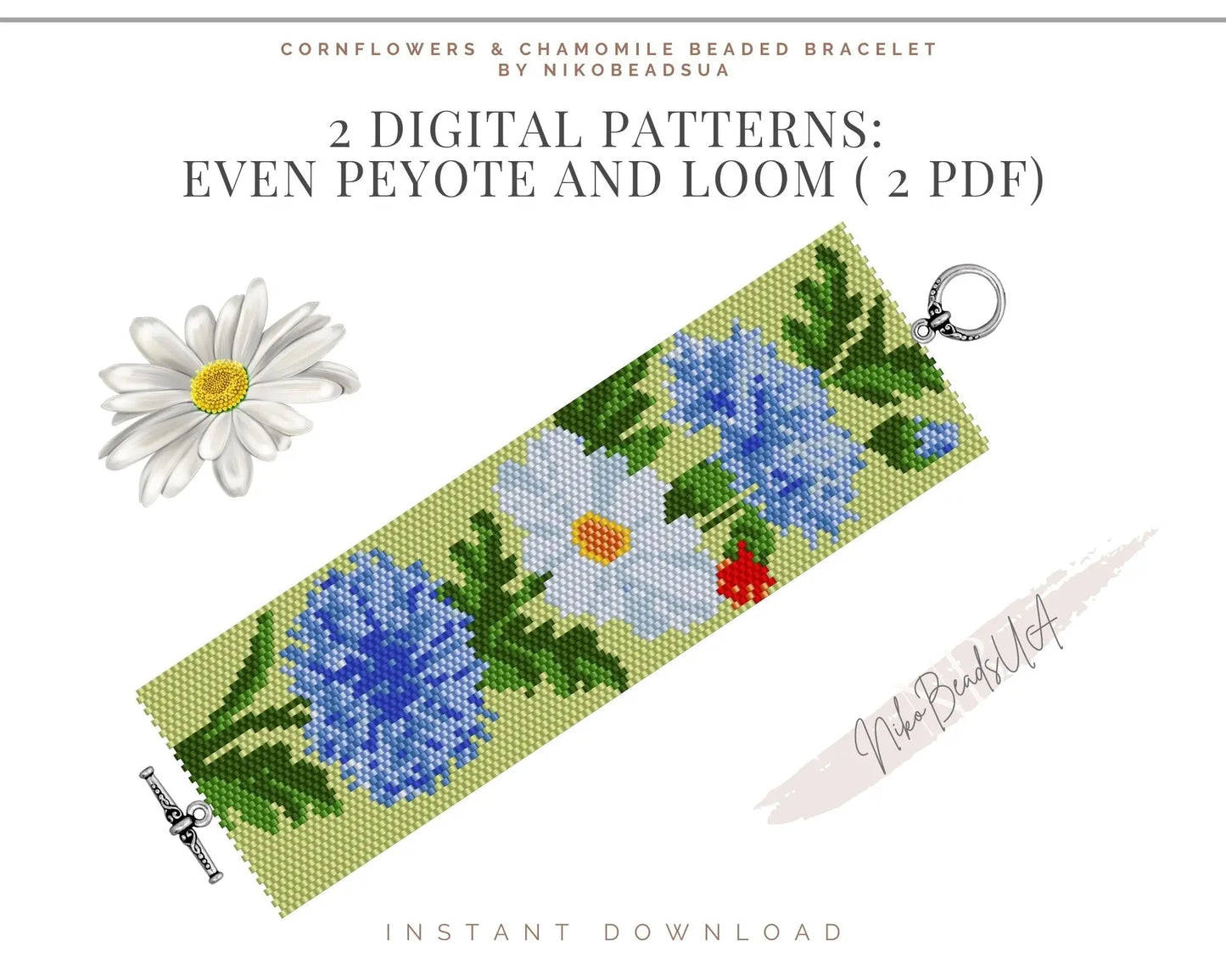 Cornflowers & Chamomile even peyote and loom patterns for beaded bracelet NikoBeadsUA