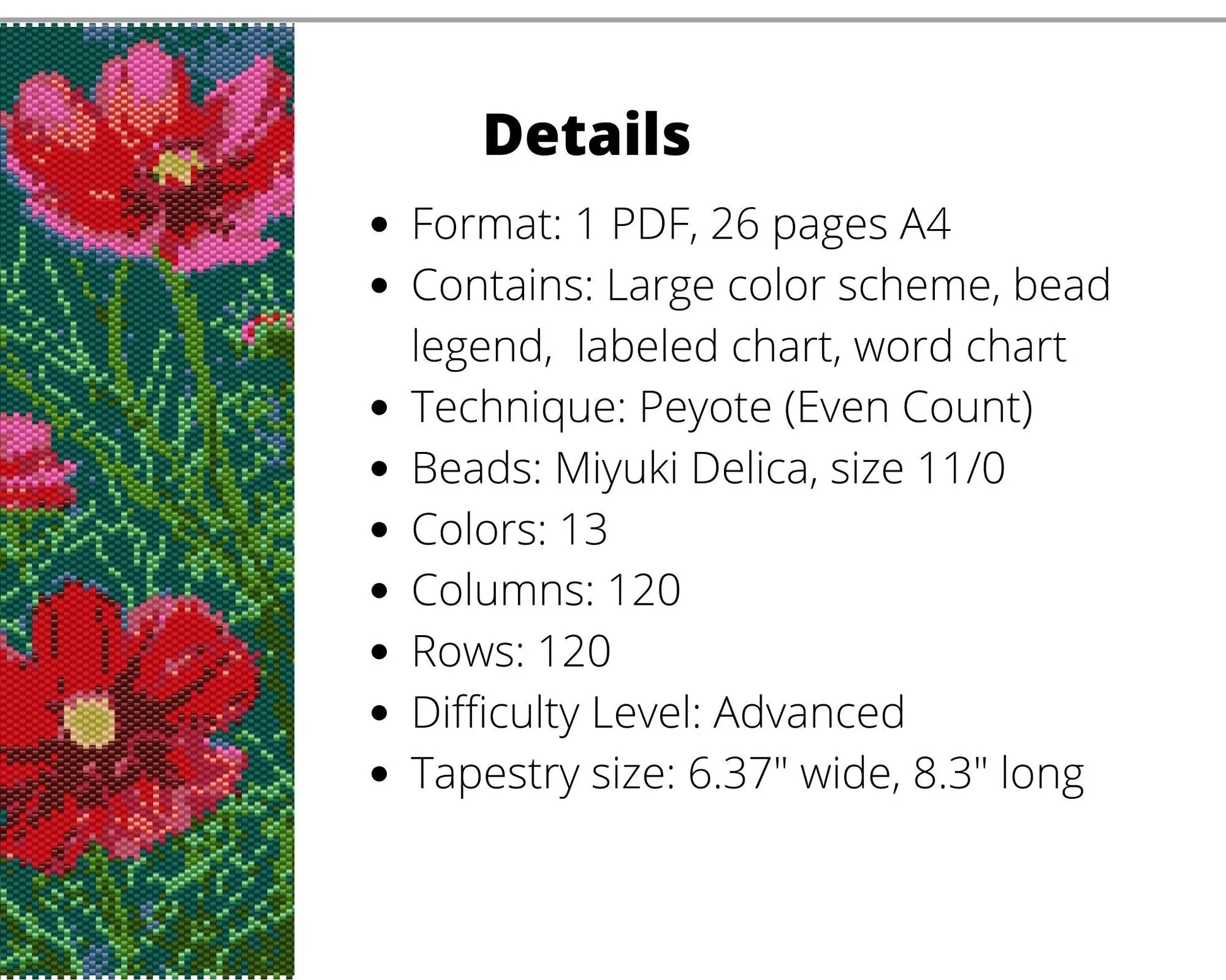 Cosmos Flower even peyote pattern for beaded tapestry NikoBeadsUA