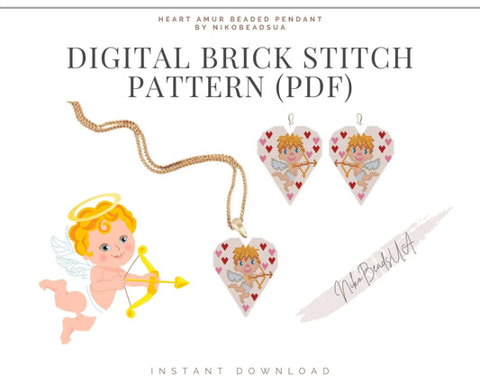 Cupid Heart Brick Stitch pattern for beaded diamond pendant, earrings NikoBeadsUA