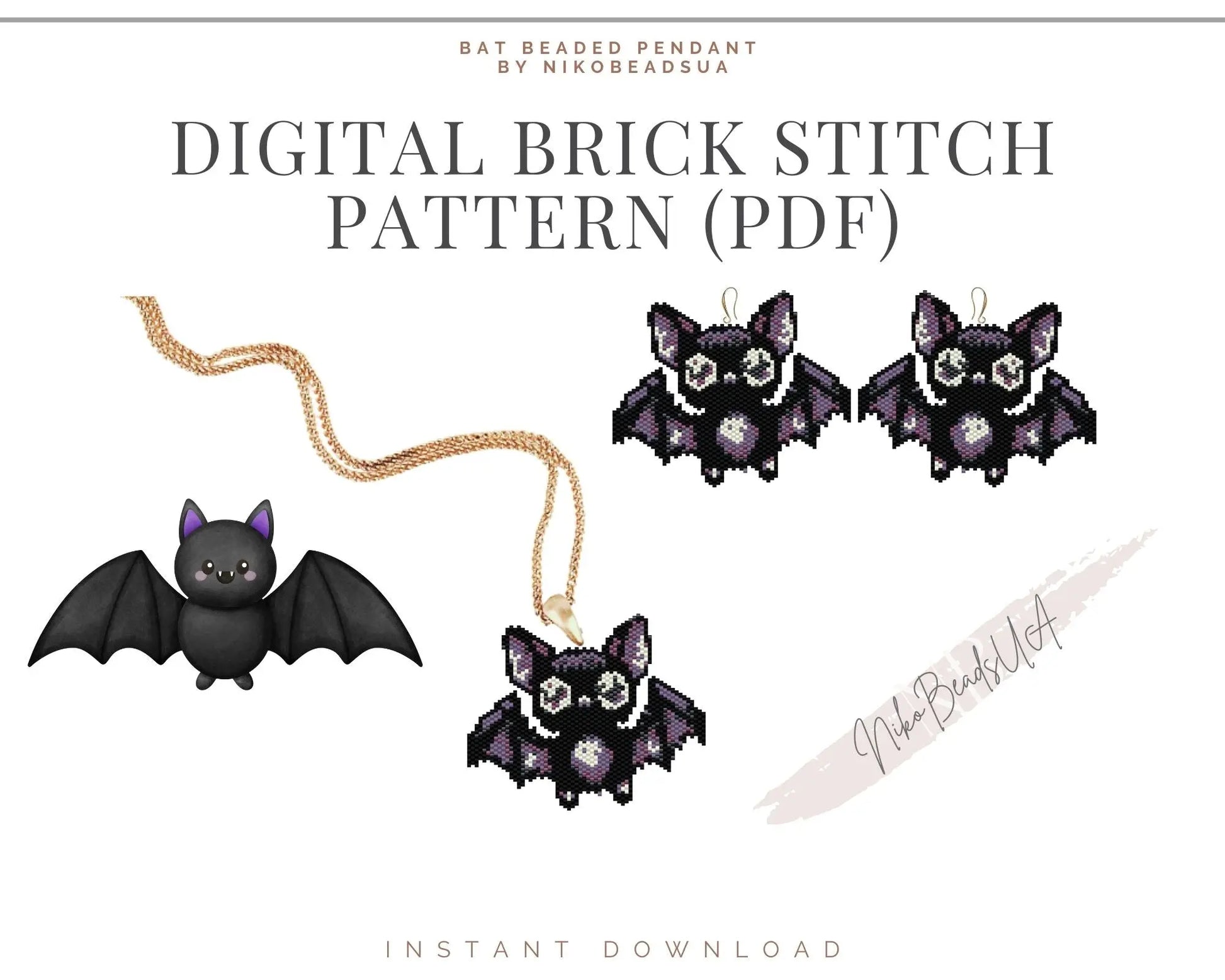 Cute Bat Brick Stitch pattern for beaded pendant and earrings NikoBeadsUA