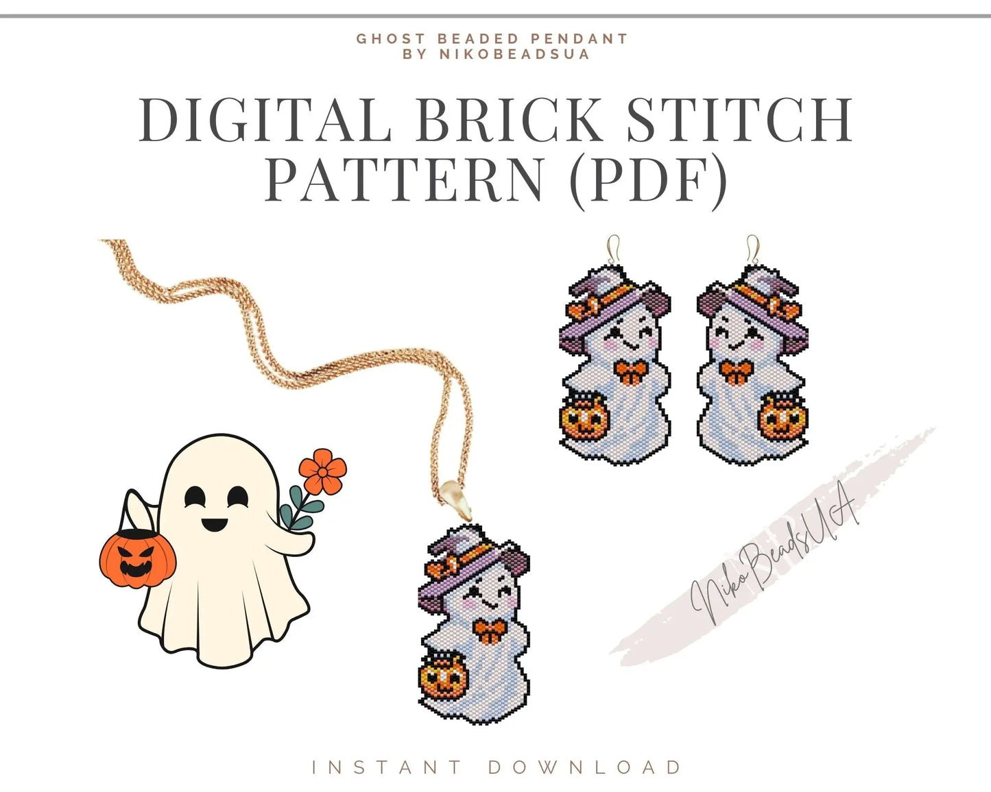 Cute Ghost Brick Stitch pattern for beaded pendant and earrings NikoBeadsUA