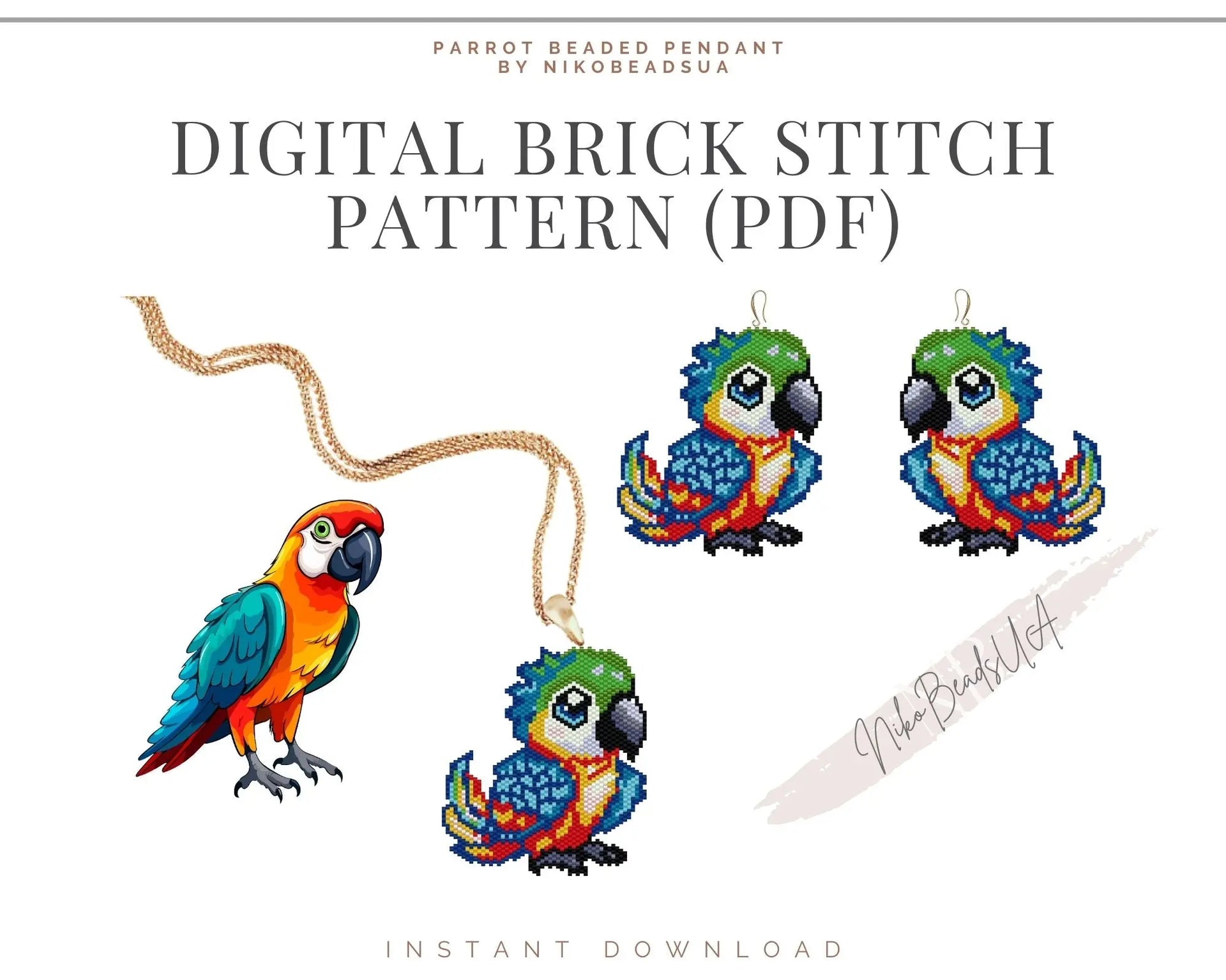 Cute Parrot Brick Stitch pattern for beaded pendant and earrings