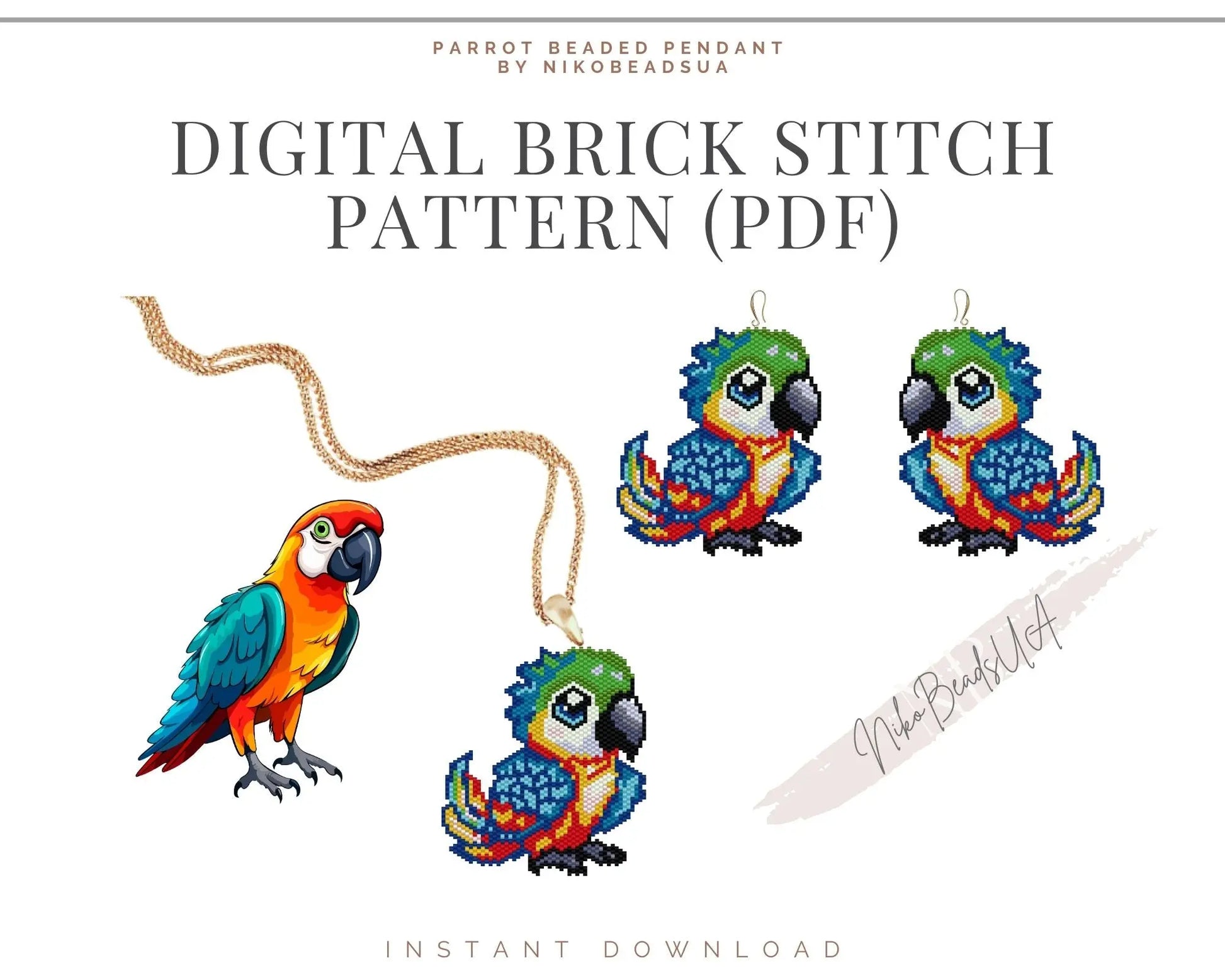 Cute Parrot Brick Stitch pattern for beaded pendant and earrings NikoBeadsUA