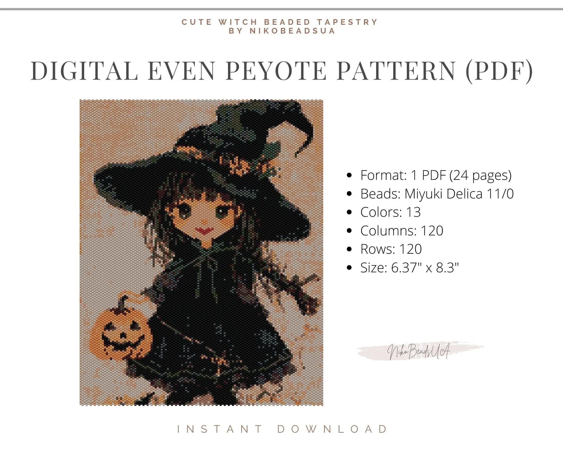 Cute Witch even peyote pattern for beaded tapestry NikoBeadsUA