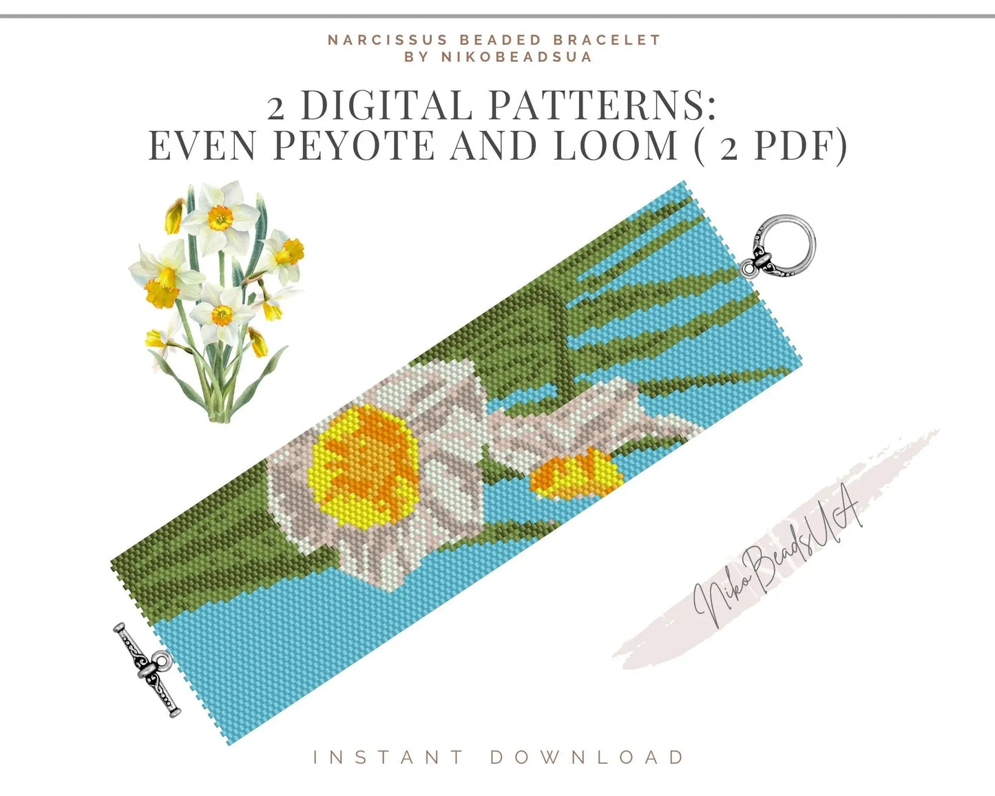 Daffodil even peyote and loom patterns for beaded bracelet NikoBeadsUA