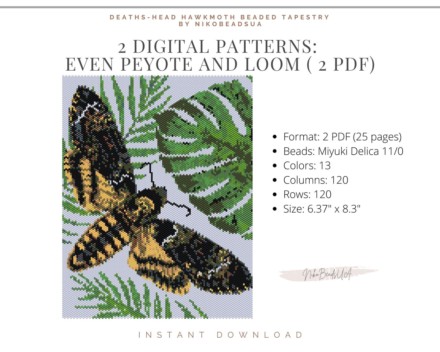 Death's-Head Hawkmoth even peyote and loom patterns for beaded tapestry NikoBeadsUA