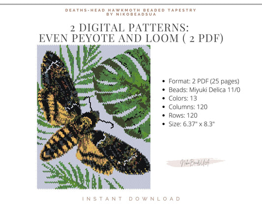 Death's-Head Hawkmoth even peyote and loom patterns for beaded tapestry NikoBeadsUA