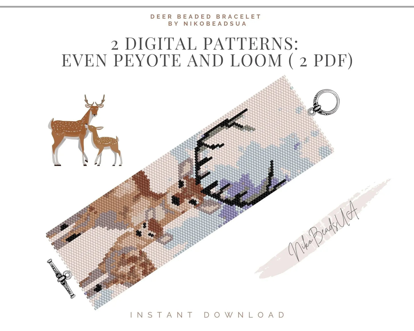 Deer and Baby even peyote and loom patterns for beaded bracelet NikoBeadsUA