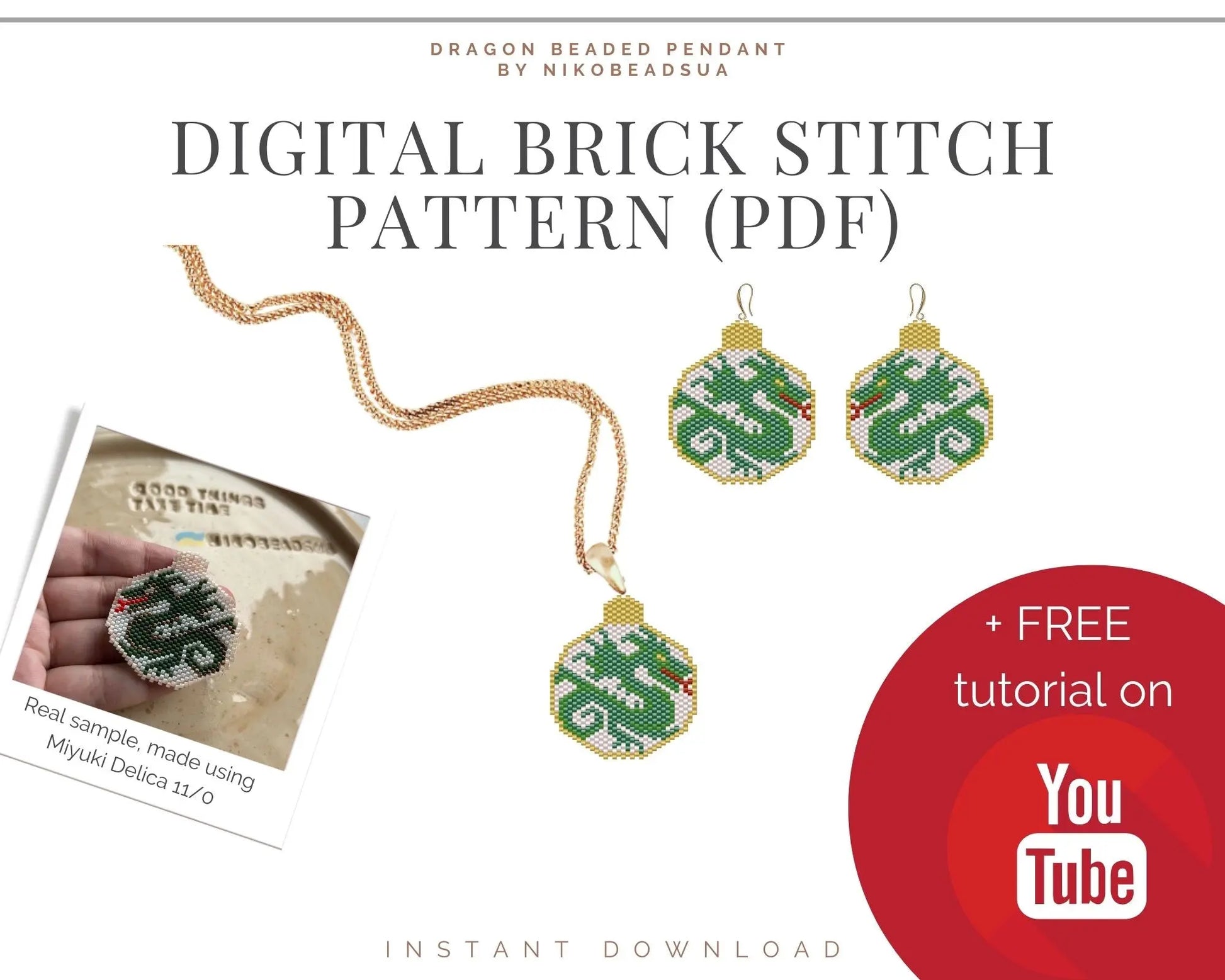 Dragon Brick Stitch pattern for beaded pendant and earrings NikoBeadsUA