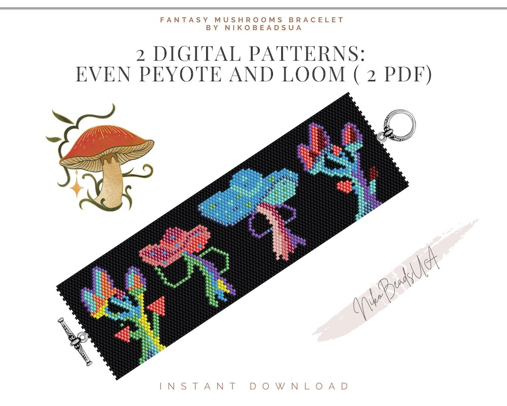 Fantasy Mushrooms even peyote and loom patterns for beaded bracelet NikoBeadsUA