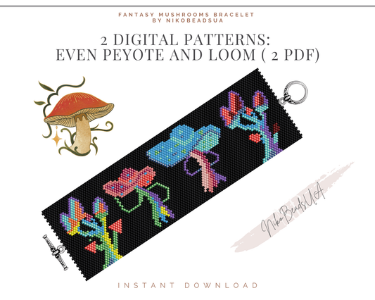 Fantasy Mushrooms even peyote and loom patterns for beaded bracelet