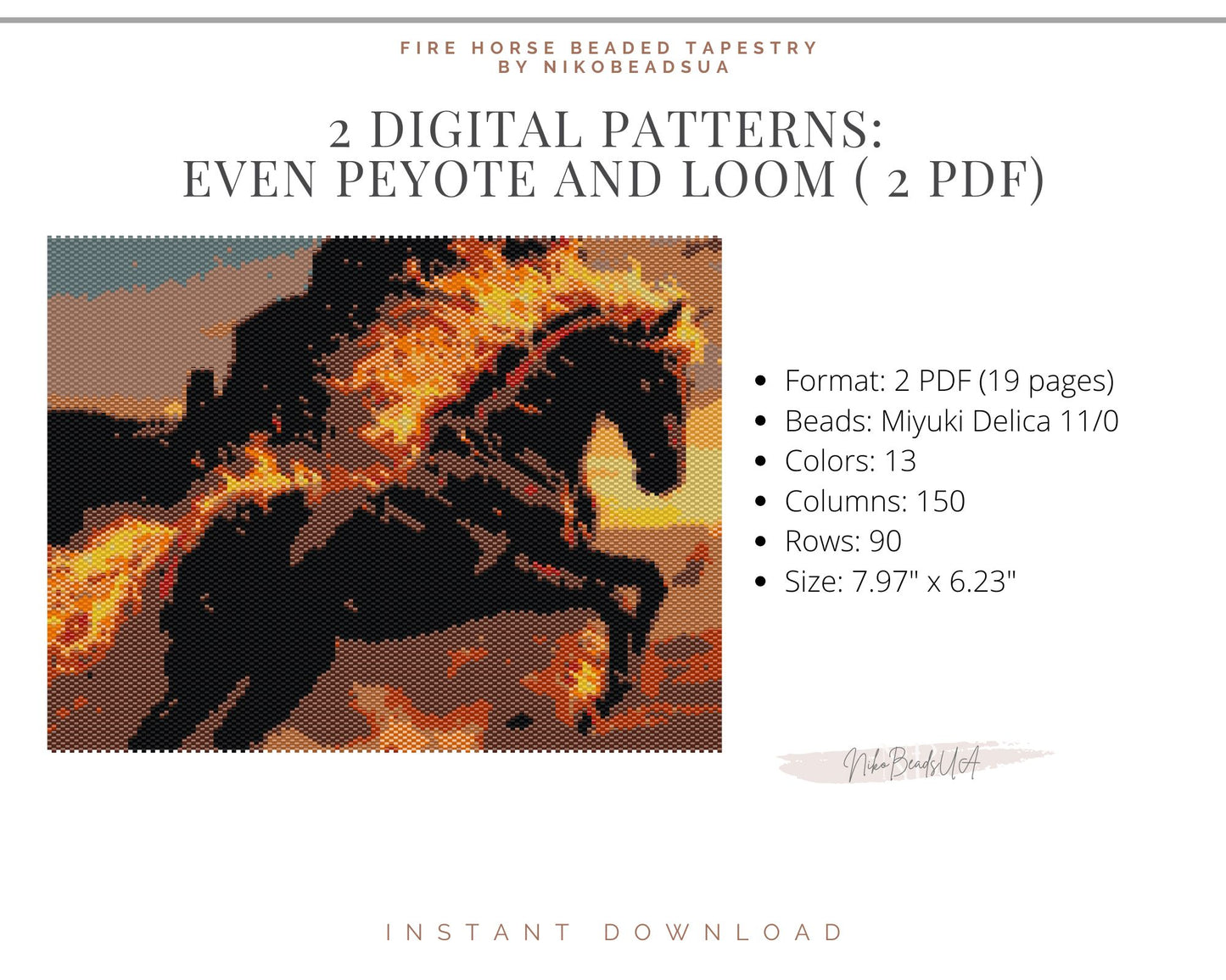 Fire Horse even peyote and loom patterns for beaded tapestry or postcard NikoBeadsUA