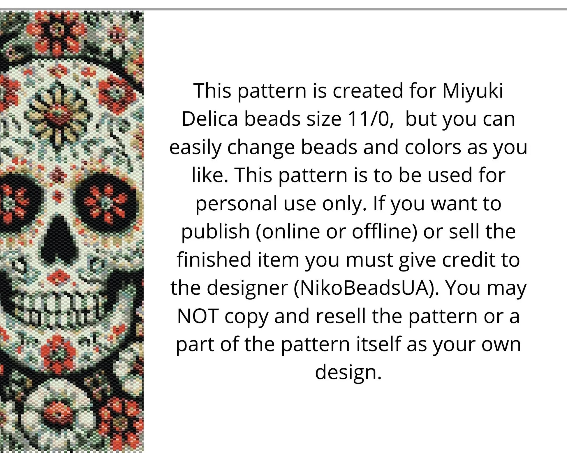 Floral Skull even peyote and loom patterns for beaded tapestry NikoBeadsUA